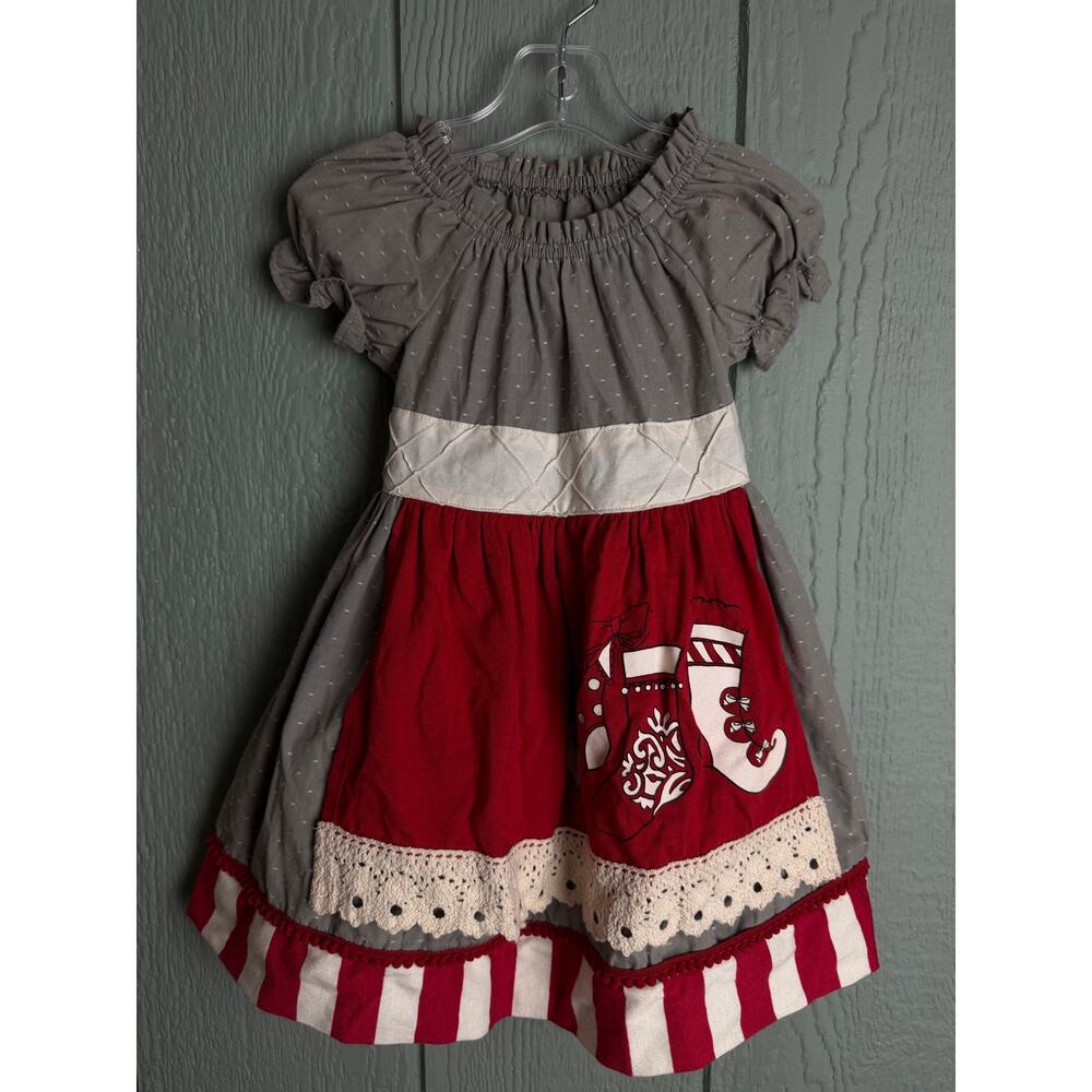 Persnickety Girls Christmas Dress Gray Red White Holiday Stocking Appliqué 2T